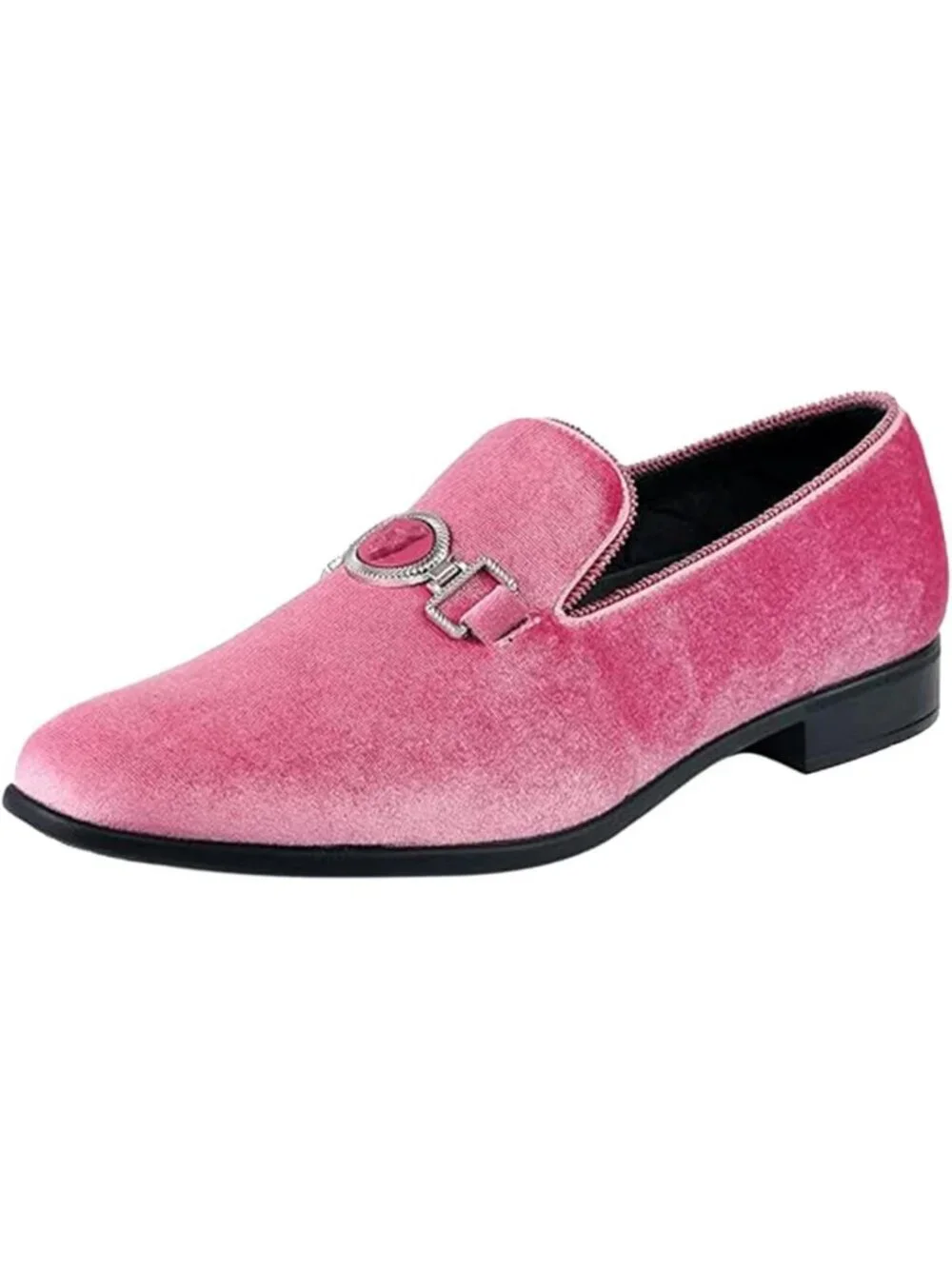 Amali Men's Pink Velvet Loafers Lion Head Buckle Slip On Smoking Tuxedo Shoes